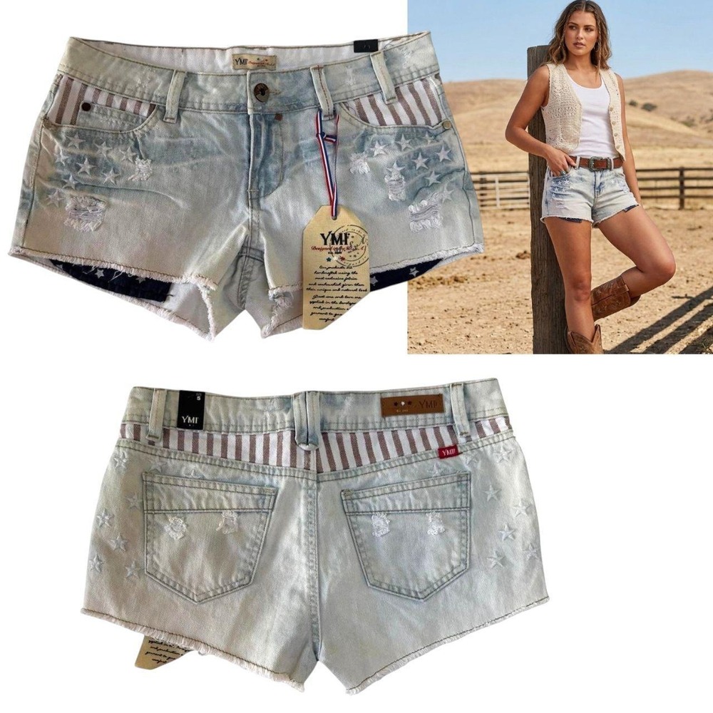 YMI Patriotic American Flag Distressed Denim Cutoff Shorts 27-28"